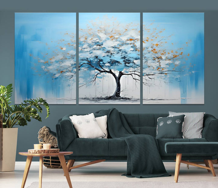 Modern living room featuring the Large Blue Abstract Tree Wall Art Canvas Printing. Enjoy the elegance with free shipping.