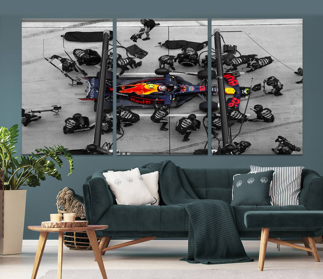 The RedBull Formula 1 Canvas Wall Art Print, a set of three gallery-quality pieces, elegantly adorns the wall.