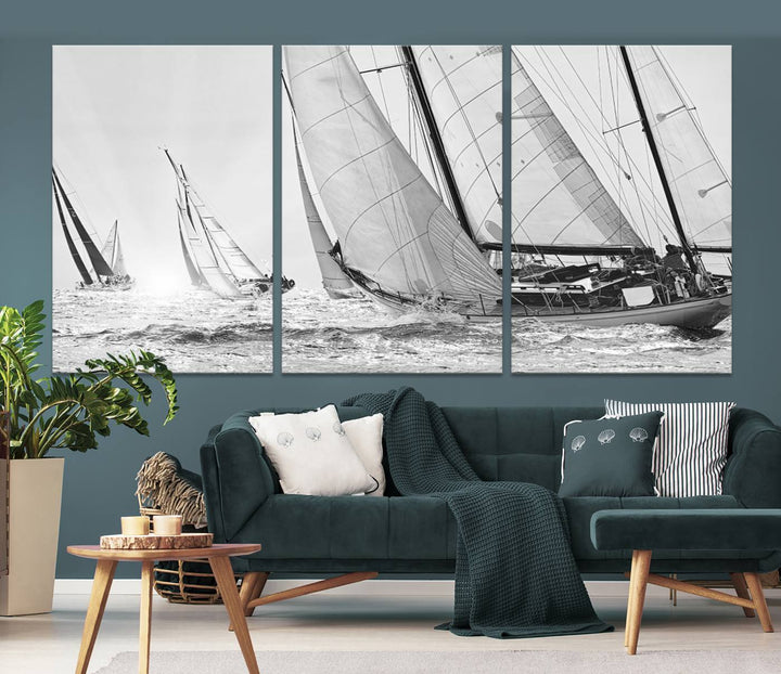 Impresión de velero Yacht Regatta lienzo pared arte Yate decoración de la pared Seascape Art Sailing Ship Negro Blanco extra grande arte de la pared Sailing Regatta