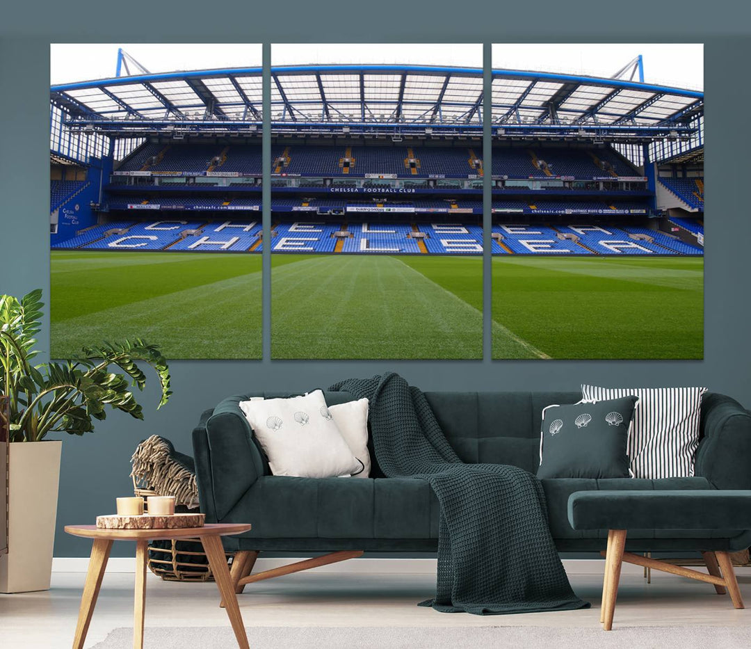 The Chelsea FC Soccer Team Print - Stamford Bridge Stadium Wall Art Canvas Print hangs elegantly, bringing the thrill of the game into your living room.