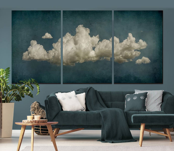 The Vintage Green Clouds Wall Art Canvas Print, set against a teal backdrop, showcases breathtaking canvas artwork with a gallery-quality finish.