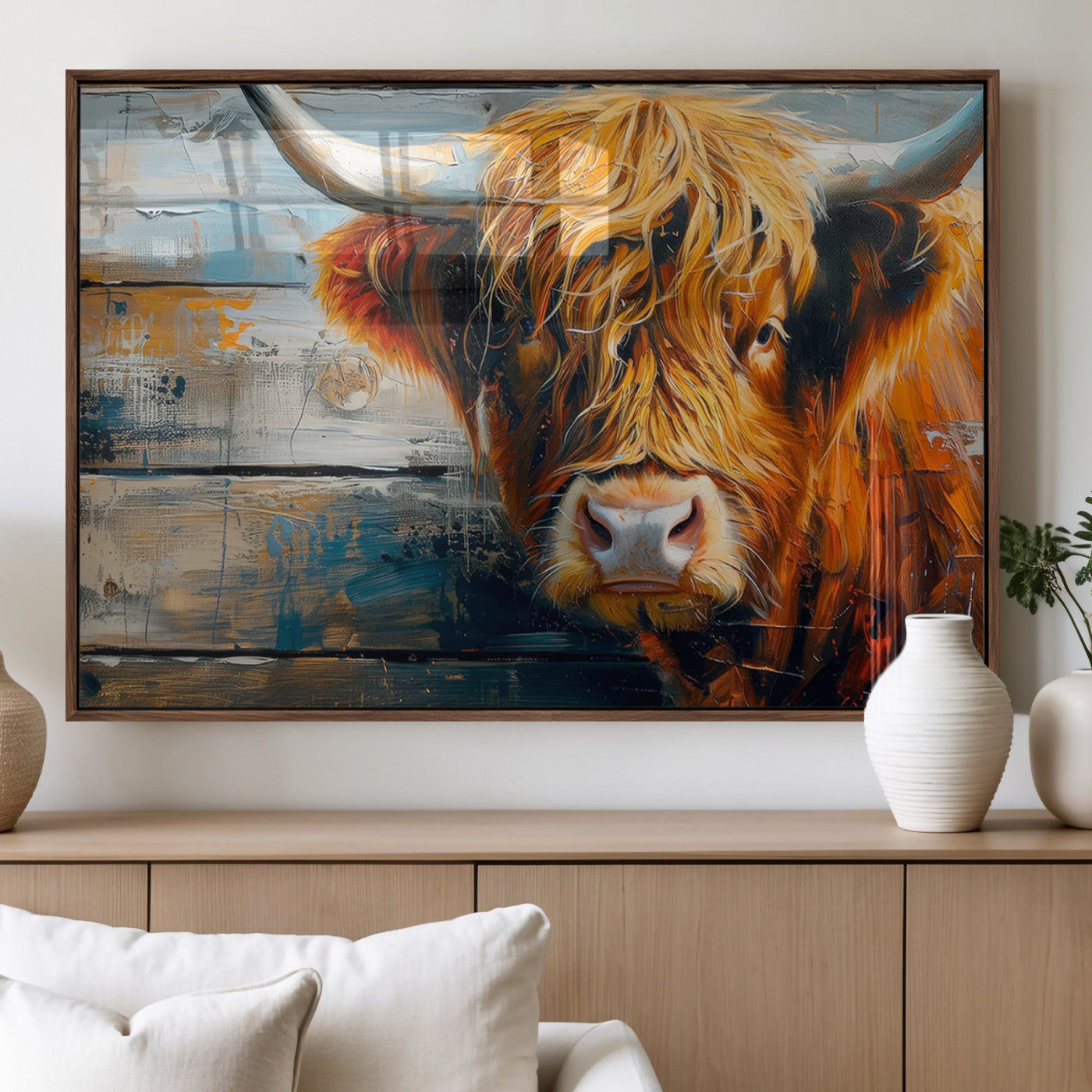 92312-MGV-FP-36X24-3P_Walnut-Highland Cow Abstract Canvas Wall Art – Bold Farmhouse Rustic Decor – Ready to Hang