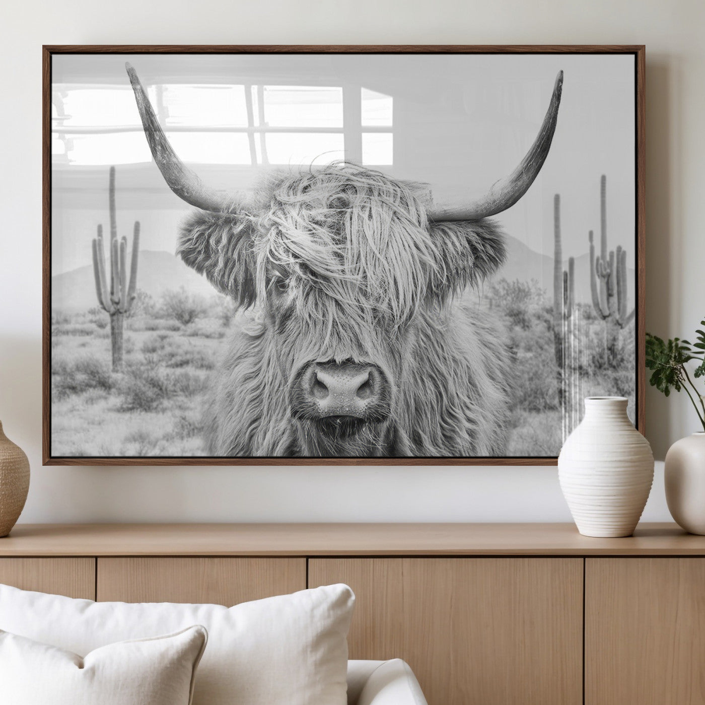 94579-MGV-FP-36X24-3P_Walnut-Rustic Charm | Cow Longhorn Black White Bighorn Wall Art Canvas Print | Farmhouse Wall Art