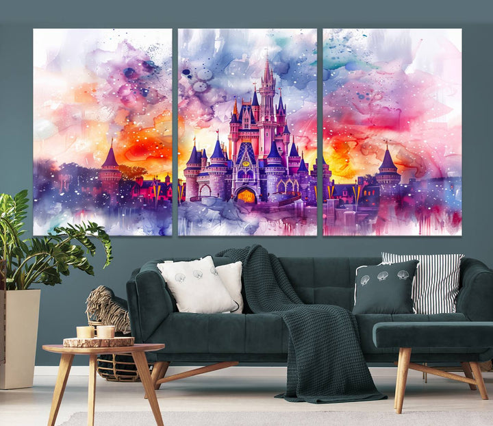 A vibrant piece of wall art depicting the Cinderella Castle from Disneyland, presented as a watercolor painting on premium canvas, is displayed.