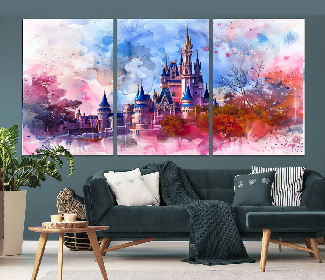 The Disney Wall Art: Dreamy Watercolor Cinderella Castle Canvas Print features a fairy-tale castle with vibrant pink, blue, and purple hues. Expertly handmade in the USA, this premium canvas wall art adds a touch of enchantment to any room.