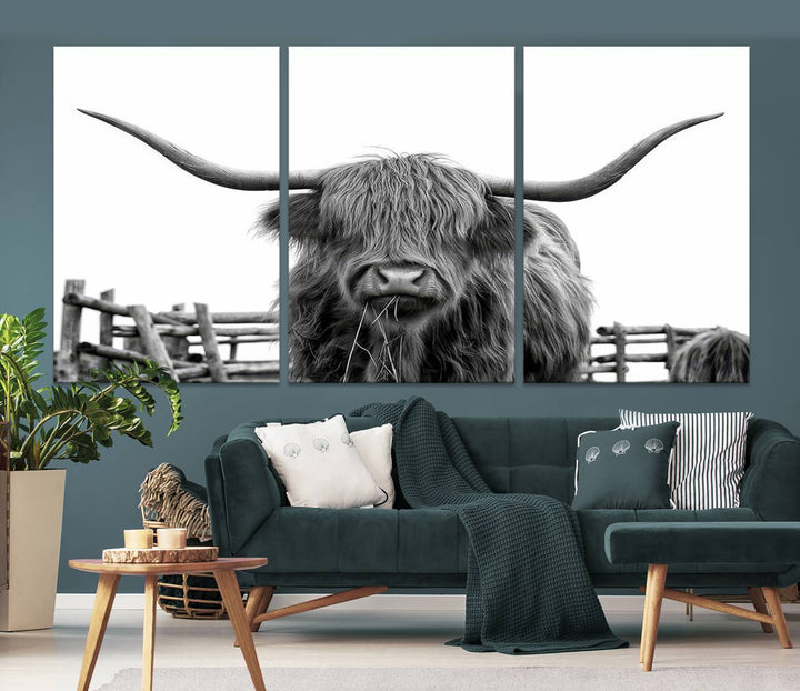 The Longhorn Canvas Print, featuring a black-and-white triptych of a Bighorn cow with shaggy fur and impressive long horns, is elegantly showcased. This wall art piece boasts a gallery-quality finish on premium canvas, bringing sophistication to any room.