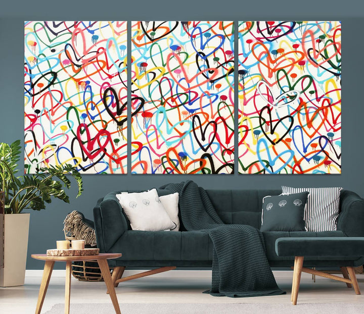 The "Colorful Love Canvas print," featuring vibrant abstract street art with overlapping loops, is handmade in the USA.