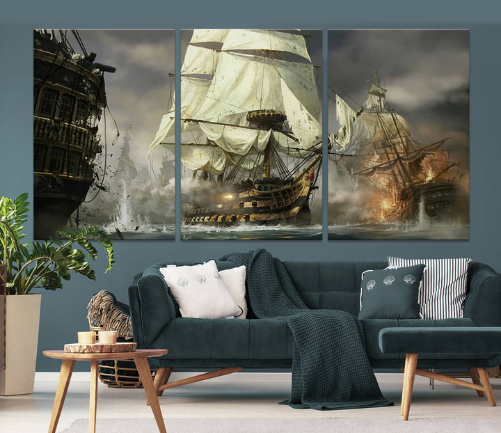 The Pirate Ship War Wall Art Canvas Print, featuring a stunning three-panel depiction of an intense sea battle with tall ships, boasts a gallery-quality finish that adds an elegant touch to its display.