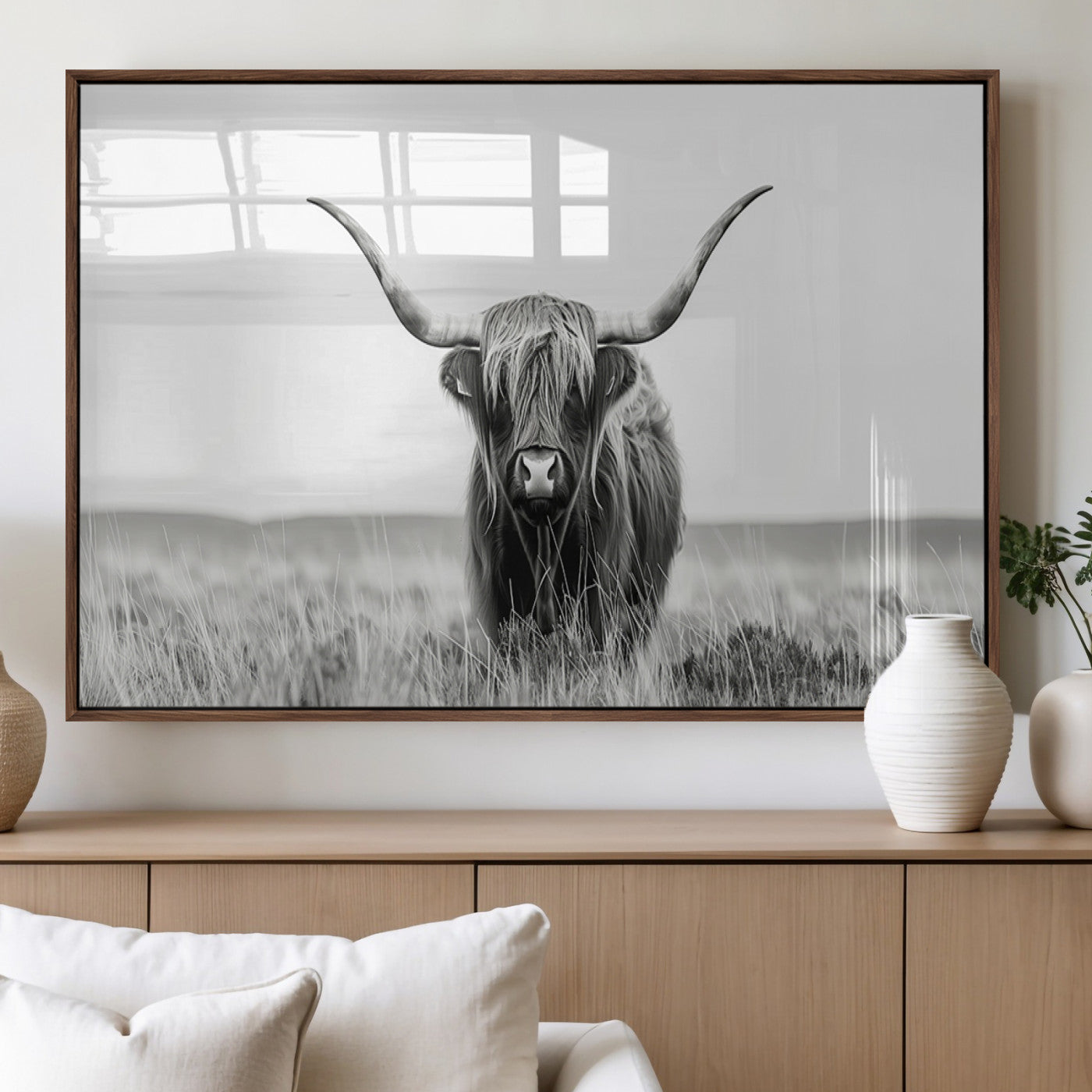 MGV-FP-36X24-3P - Highland Cow Canvas Wall Art – Majestic Beauty in Black and White