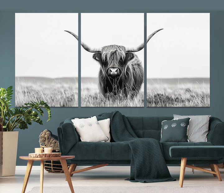 The living room is enhanced by a stunning three-panel Longhorn Wall Art Canvas Print. This museum-quality piece of Texas Longhorn Art comes on a gallery-wrapped canvas with a UV-protective coating to keep it vibrant under everyday light exposure.