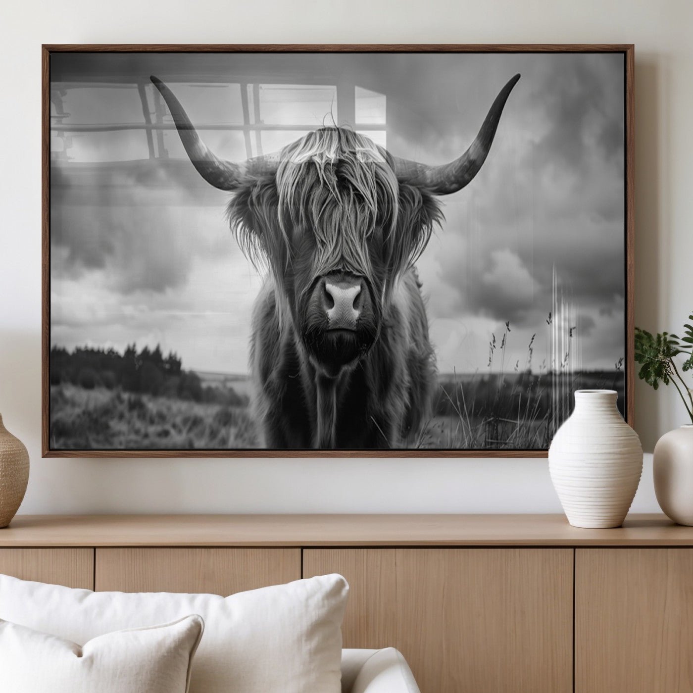 17924-MGV-FP-36X24-3P_Walnut-Scottish Cow Wall Art Canvas Print | Longhorn Wall Art | Bighorn Animal Wall Art