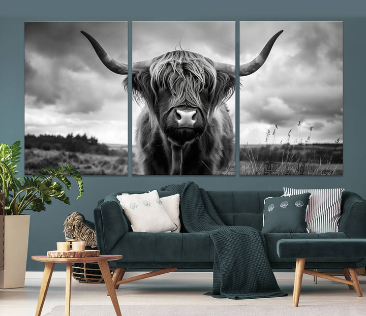 A stunning gallery-quality piece, the "Scottish Cow Wall Art Canvas Print | Longhorn Wall Art | Bighorn Animal Wall Art," depicts a Highland cow with long horns and shaggy fur. This captivating wall art elegantly enhances the space.