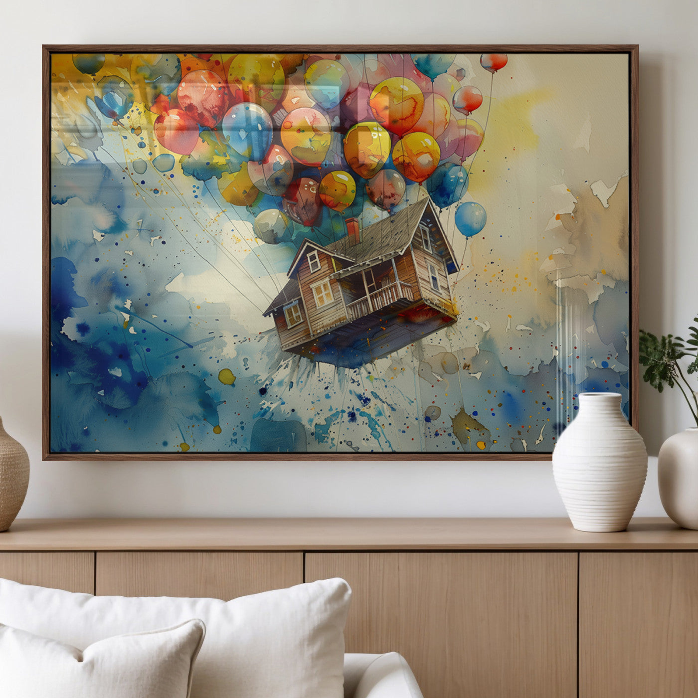 MGV-FP-36X24-3P - UP-Inspired Floating House with Balloons Canvas Art – Colorful 3-Panel Wall Decor for Living Room,