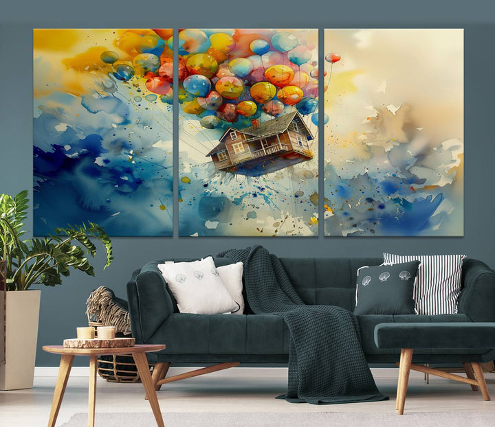 The Cartoon Movie Wall Art Canvas Print, featuring a vibrant house lifted by balloons and split across three panels, serves as captivating wall art. Handmade in the USA, it adds charm and whimsy to any space.