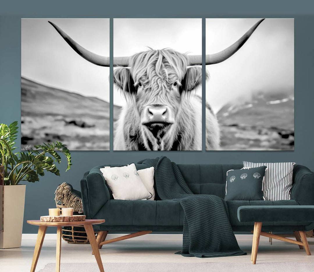 A "Scottish Cow Wall Art Canvas Print" with a gallery-quality finish hangs prominently.