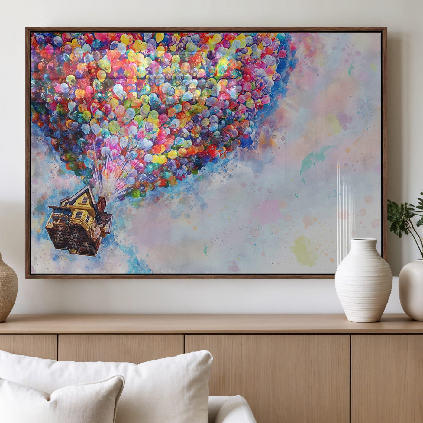 MGV-FP-36X24-3P - Don't Look Up Movie Canvas Wall Art - Vibrant Floating House and Balloons Scene, Tribute to Iconic
