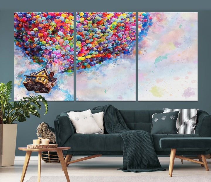 The "Watercolor Cartoon Movie Balloons Canvas Print" is showcased, depicting a whimsical house being lifted by colorful balloons. This triptych wall art is crafted on museum-quality canvases with a UV-protective coating to maintain its vibrant colors, making it ready to hang in any room.