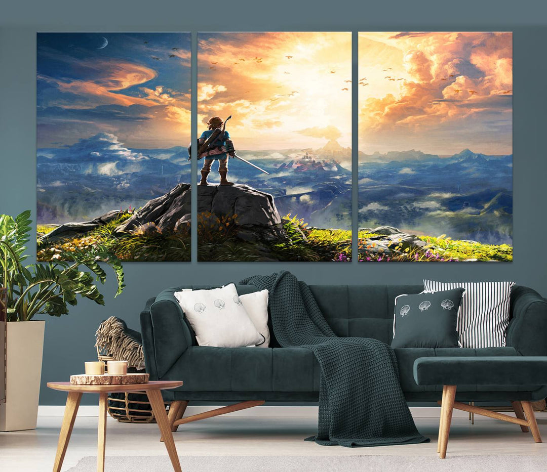 The Legend of Zelda Breath of the Wild Game Wall Art Canvas Print showcases a fantasy landscape with a character on a cliff, all rendered in gallery-quality finish on premium canvas.