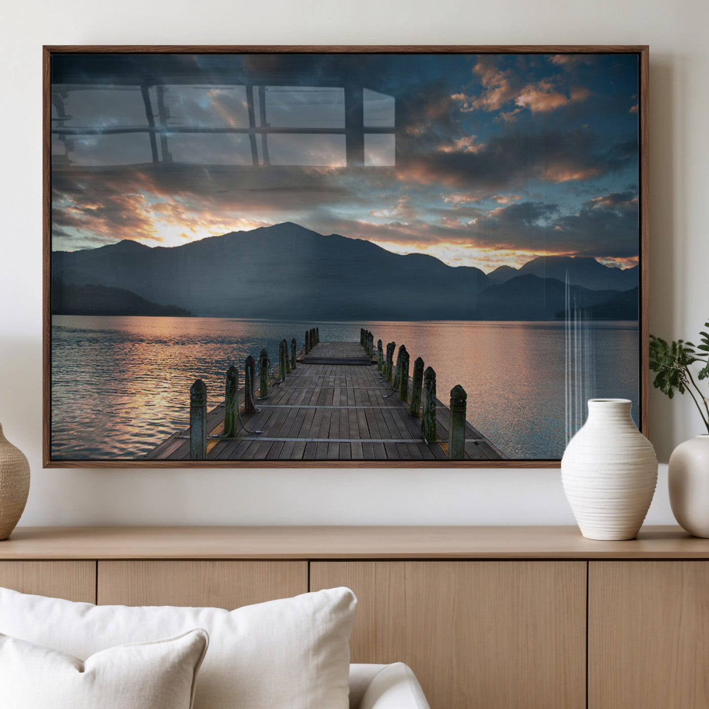 MGV-FP-36X24-3P - Mountain Lake Wood Pier Canvas Wall Art Nature Lake Print