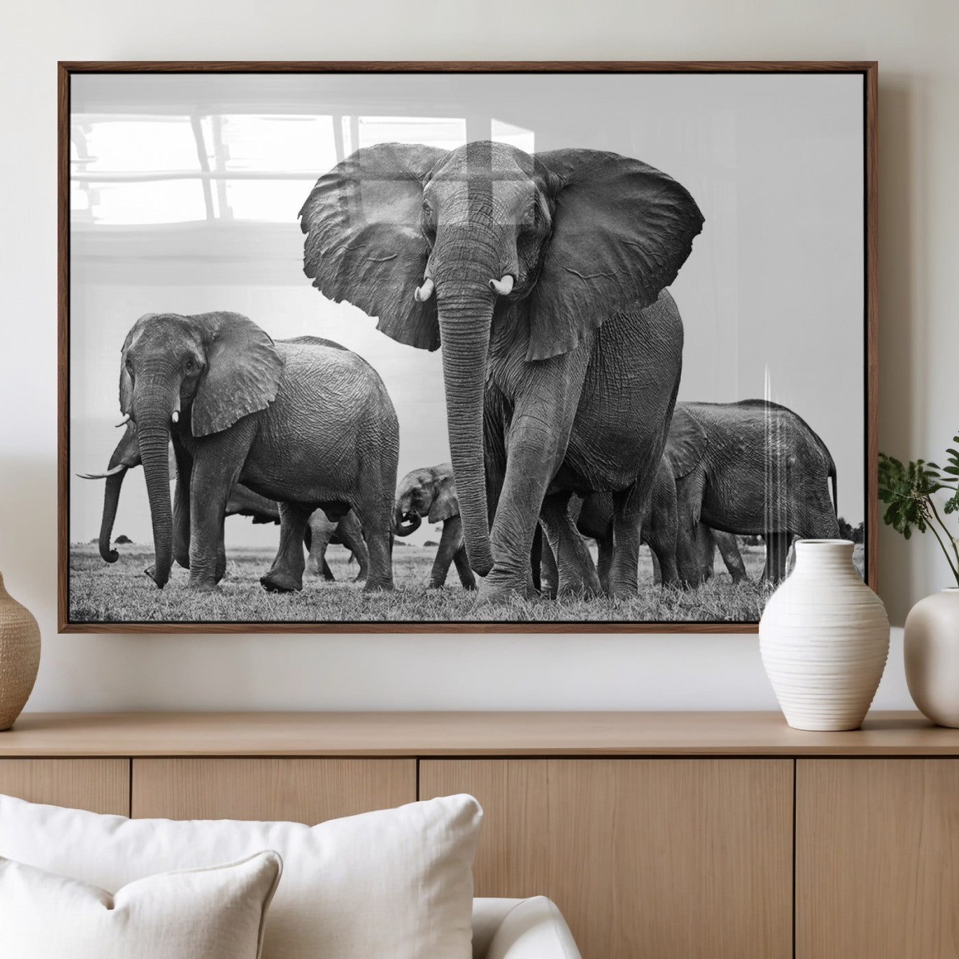 91685-MGV-FP-36X24-3P_Walnut-Black White Elephant Family Wall Art Canvas Print