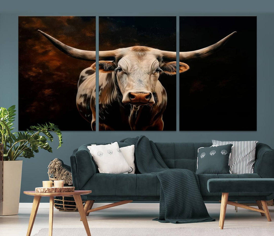 The Texas Longhorn Wall Art, a 3-panel large canvas print, infuses the room with a dash of cowboy charm.