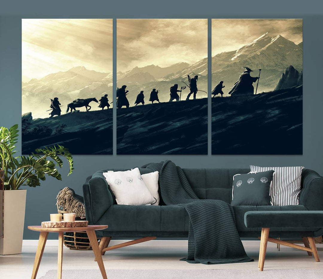 A canvas print titled "Lord of the Rings Silhouette Wall Art Capturing the Epic Quest Through Middle-Earth - The Fellowship's Journey" is displayed.