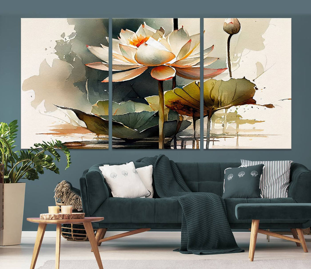 The Lotus Flower Watercolor Canvas Print, a contemporary wall art piece symbolizing serenity and growth with its soft watercolors, adorns the wall.