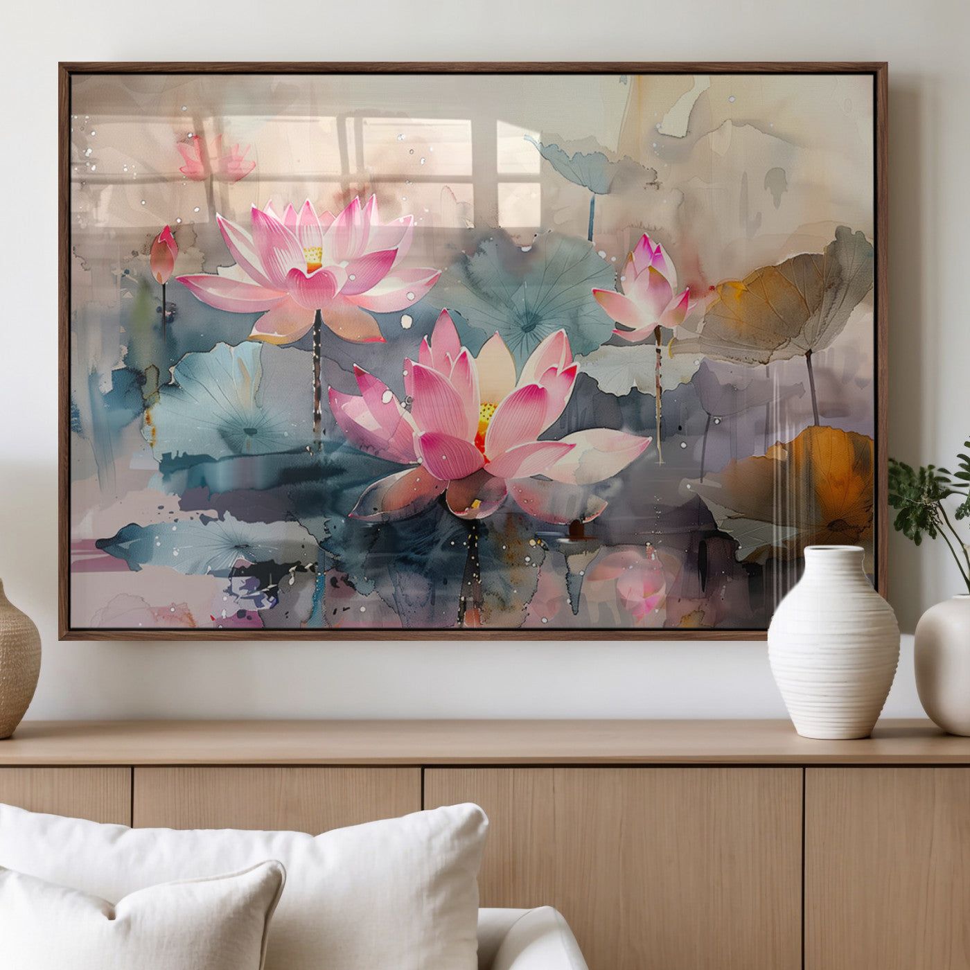 MGV-FP-36X24-3P - Lotus Flower Wall Art | 3-Panel Giclee Canvas Print of Pink Lotus Blossoms for Living Room, Bedroom,