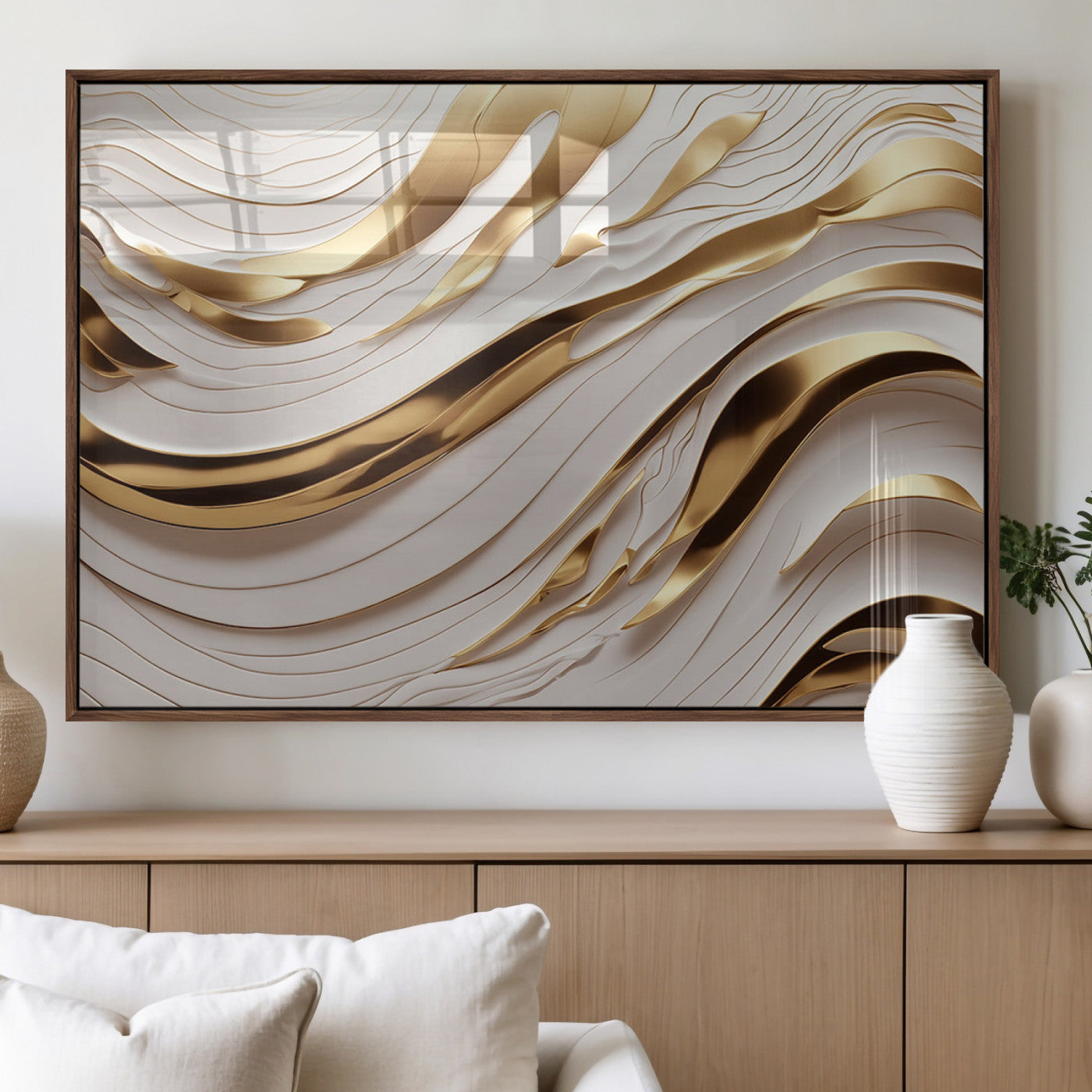 81197-MGV-FP-36X24-3P_Walnut-Gold and White Abstract Wave Canvas – Elegant Flowing Design with Luxurious Golden Accents –