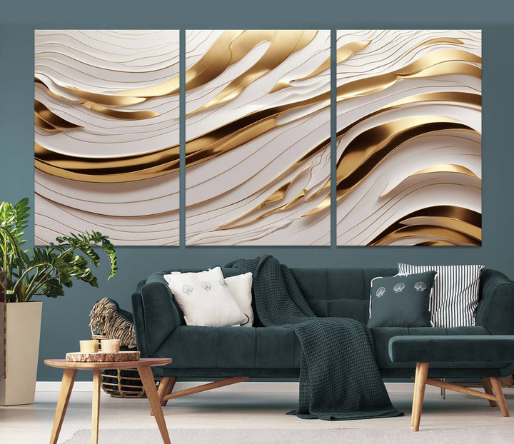 The "Gold and White Abstract Wave Canvas – Elegant Flowing Design with Luxurious Golden Accents" beautifully enhances the area and creates a stunning focal point in the room.