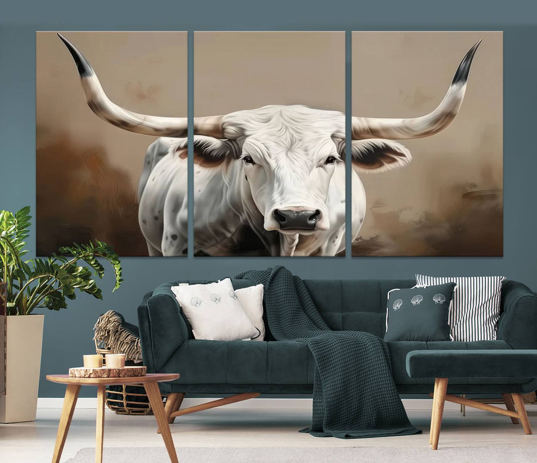 Texas Longhorn Canvas Wall Art features a triptych design on premium canvas with a gallery-quality finish.