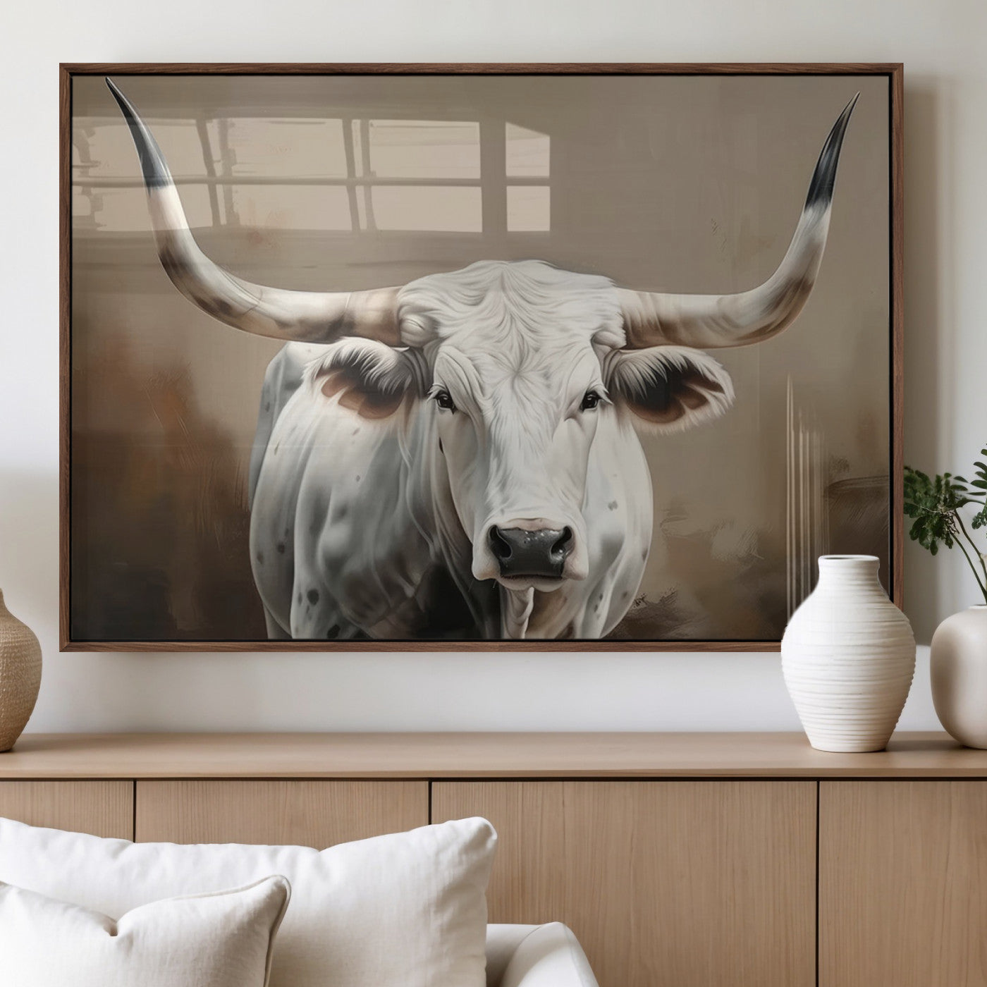 61423-MGV-FP-36X24-3P_Walnut-White Longhorn Bull Wall Art Canvas Print – Framed and Ready to Hang – Perfect for Farmhouse and