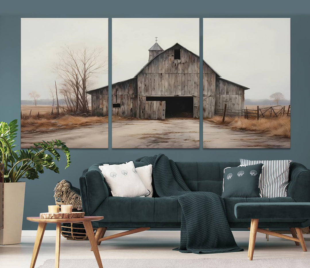 A framed and ready-to-hang Farmhouse Rustic Barn Wall Art Canvas Print is displayed against a gray wall. This stylish modern living room seamlessly combines rural life wall décor with contemporary comfort.