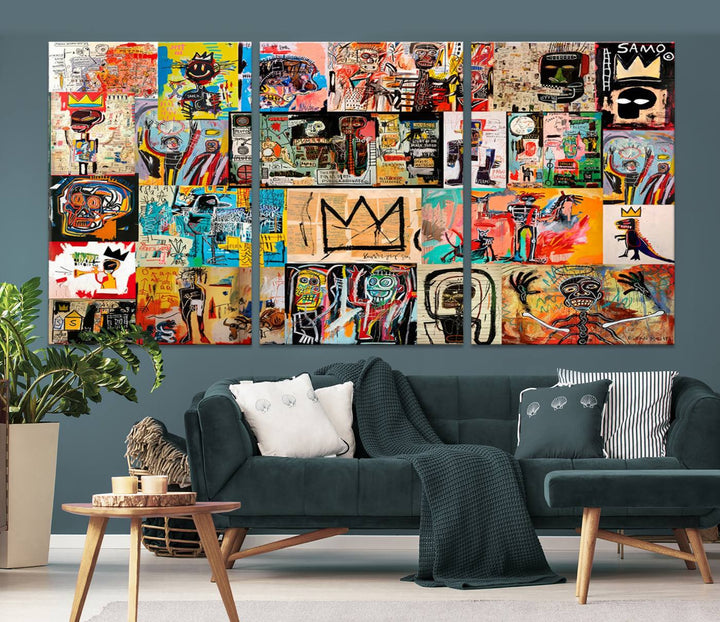 A vibrant Basquiat Art Collage Wall Art Canvas Print in an urban graffiti style adds a modern artistic flair.