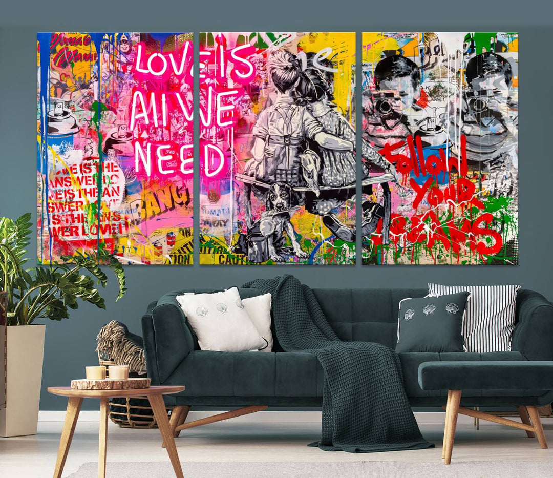 A vivid display of the "Follow Your Dreams & Love is All We Need" graffiti street art energizes a modern room with its three-panel arrangement. This bold giclee canvas print infuses any contemporary space with dynamic flair.