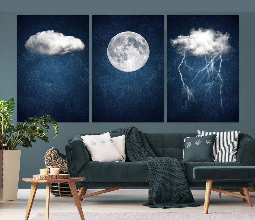 Dark Blue Cloud Art, 3 Piece Indigo Blue Wall Art, Aesthetic Surreal Art, Thunderstorm Moon Cloud Artworks 