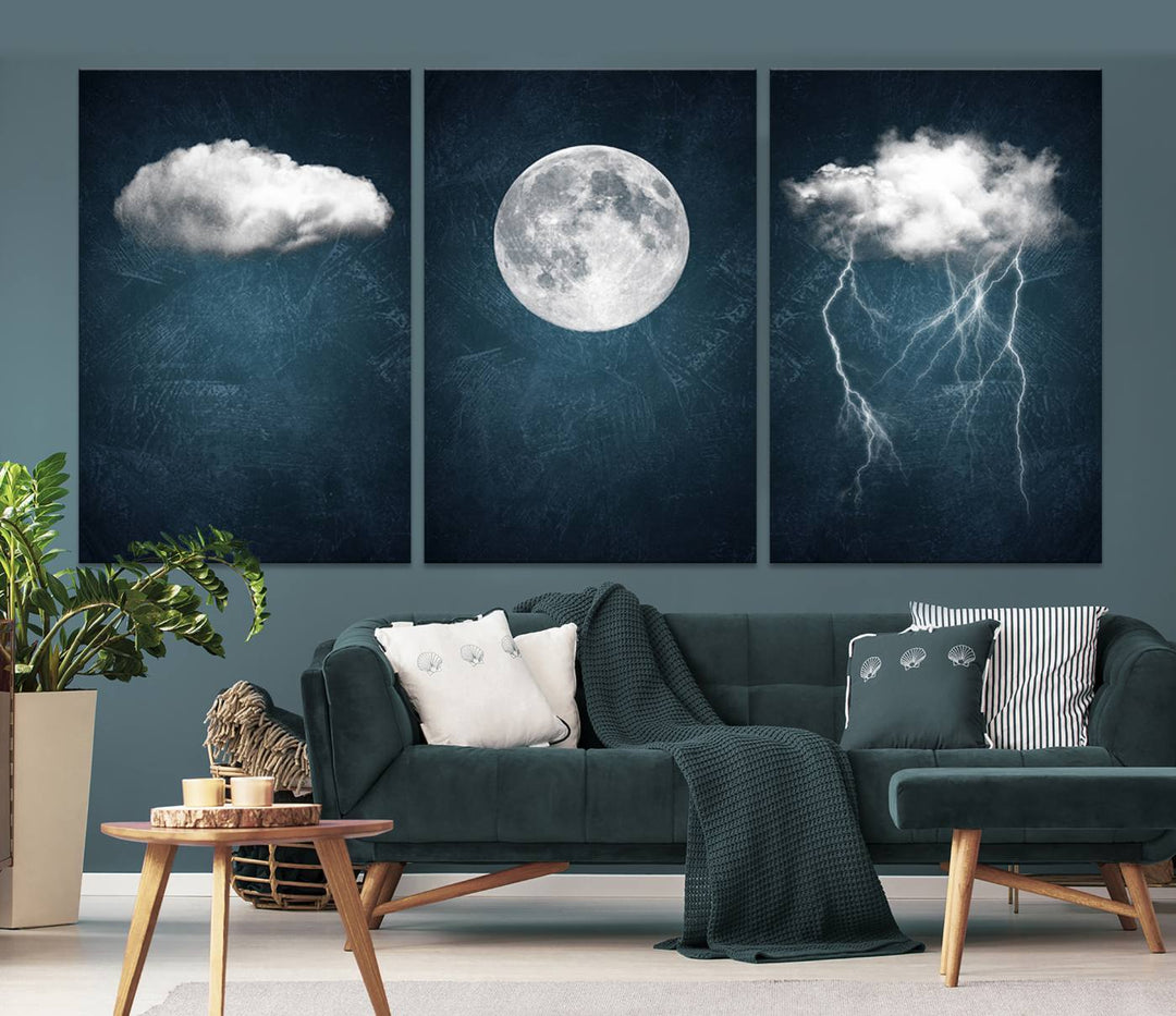 The "3 Piece Indigo Cloud Wall Art, Thunderstorm Moon Cloud Artworks" on museum-quality canvas with UV-protective coating is prominently displayed.