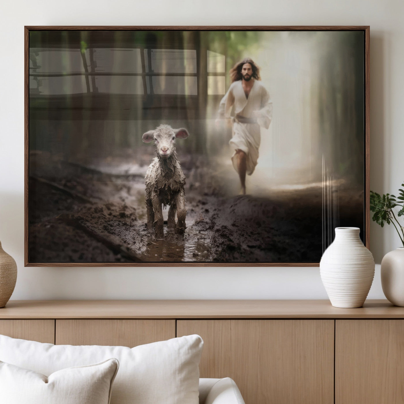 MGV-FP-36X24-3P - Jesus Canvas Wall Art - Jesus Running After Lost Lamb, Jesus, Christian Home Decor - Church Wall Art