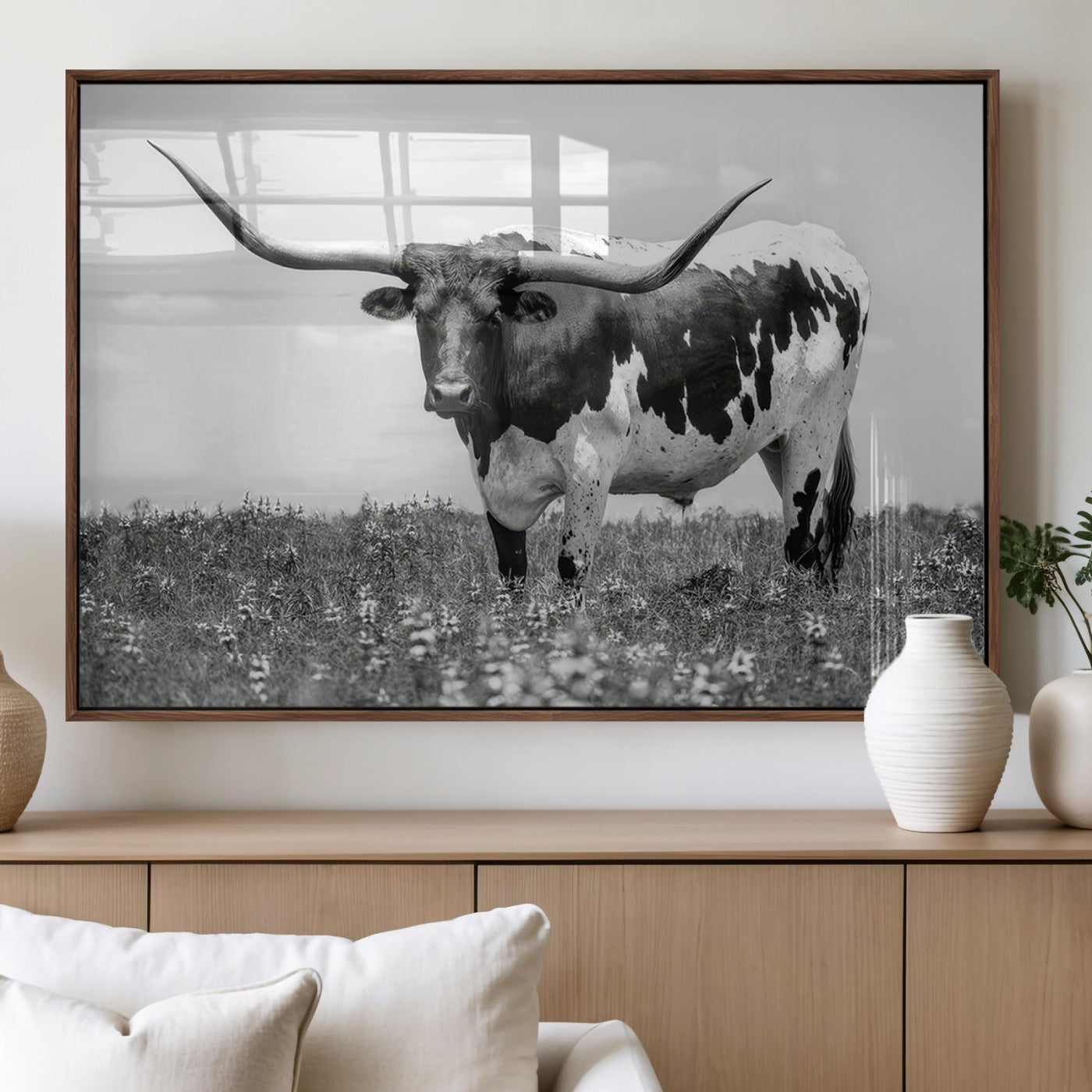 94709-MGV-FP-36X24-3P_Walnut-Texas Black White Highland Longhorn Cow Wall Art Canvas Print