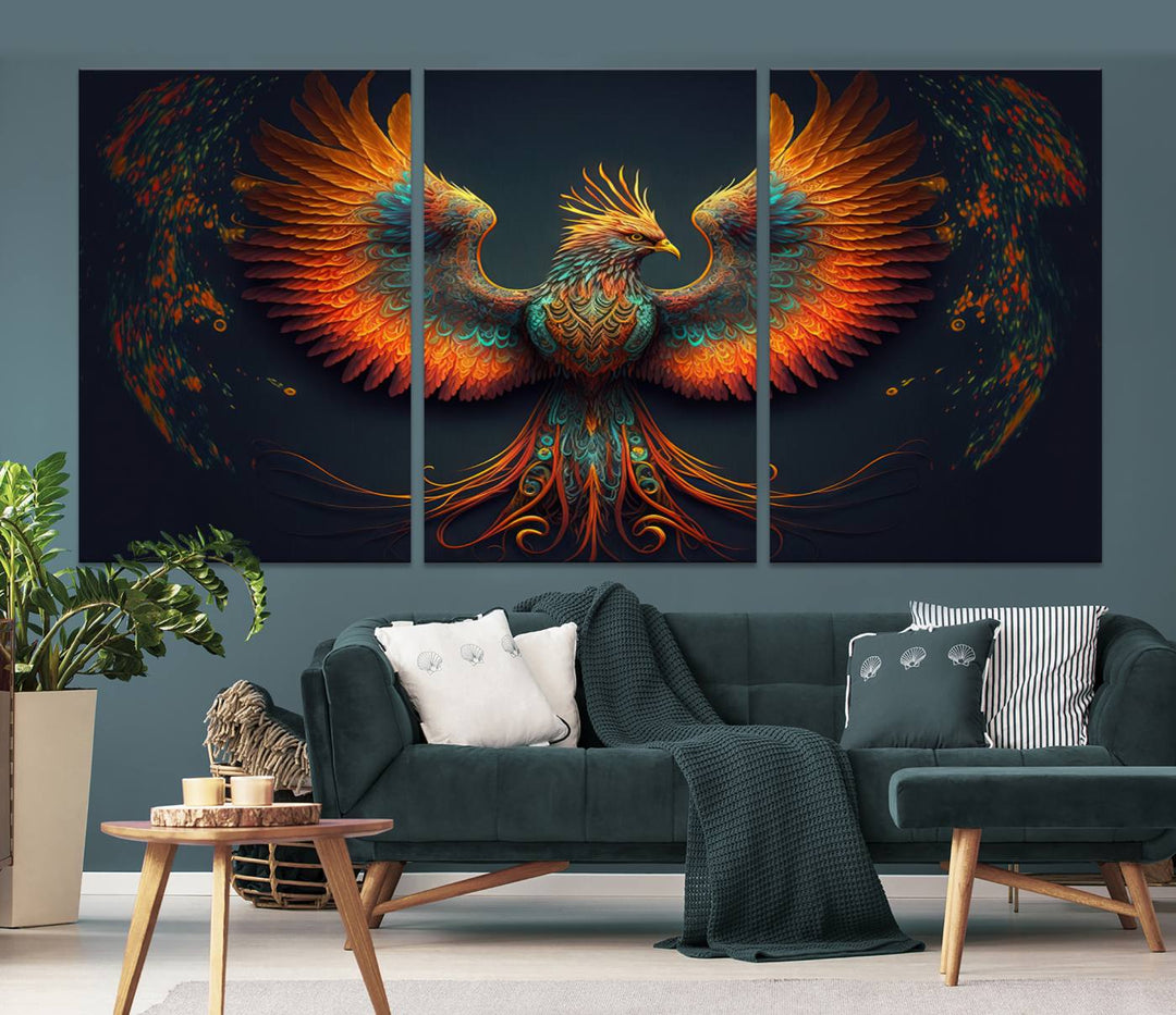 The Majestic Phoenix Wall Art Canvas Set, a fiery symbol of rebirth and strength, graces the wall.