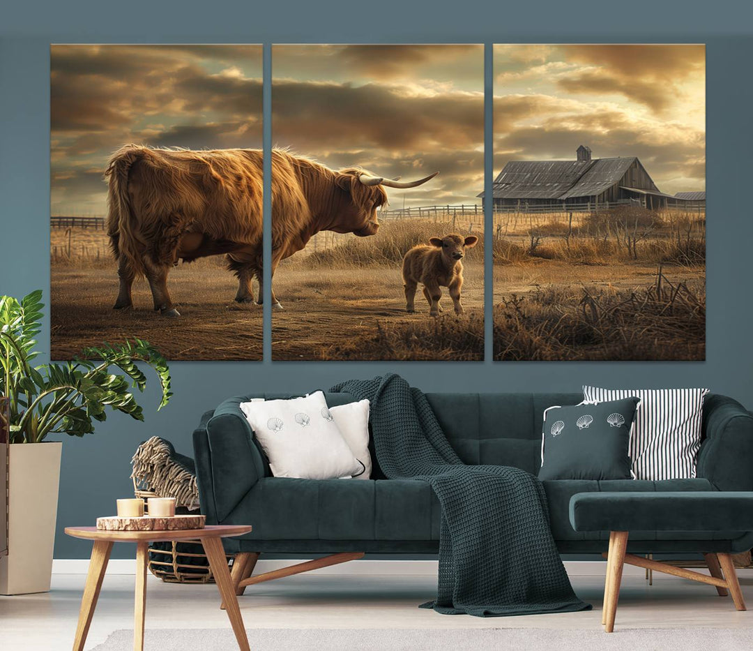 The living room features the "Highland Cow Canvas Wall Art Animal Print Pictures Fluffy Cattle Art," which captures a cow and calf in a rural sunset scene, adding gallery-quality charm.