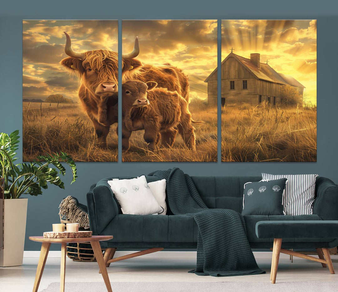 The room features the Barn and Highland Cow Canvas Wall Art Animal Print, a three-panel canvas depicting cows in a sunset field with a rustic barn backdrop. This handmade piece brings charm and character with its gallery-quality finish.