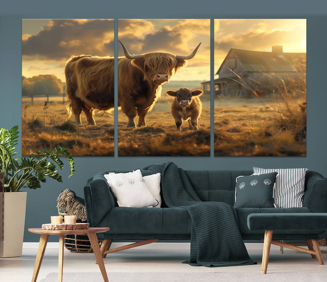 The "Highland Baby Cow Canvas Wall Art Animal Print" triptych art piece showcases a cow and calf in a sunlit field with a barn in the background.