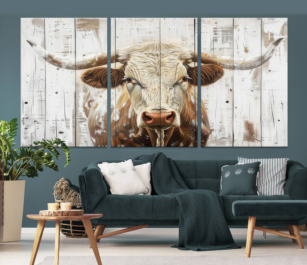 The dimly lit room is enhanced with Western charm by the Rustic Longhorn Bull Wall Art Canvas Set—Western-Inspired Farmhouse Décor, elegantly displayed on the wall.