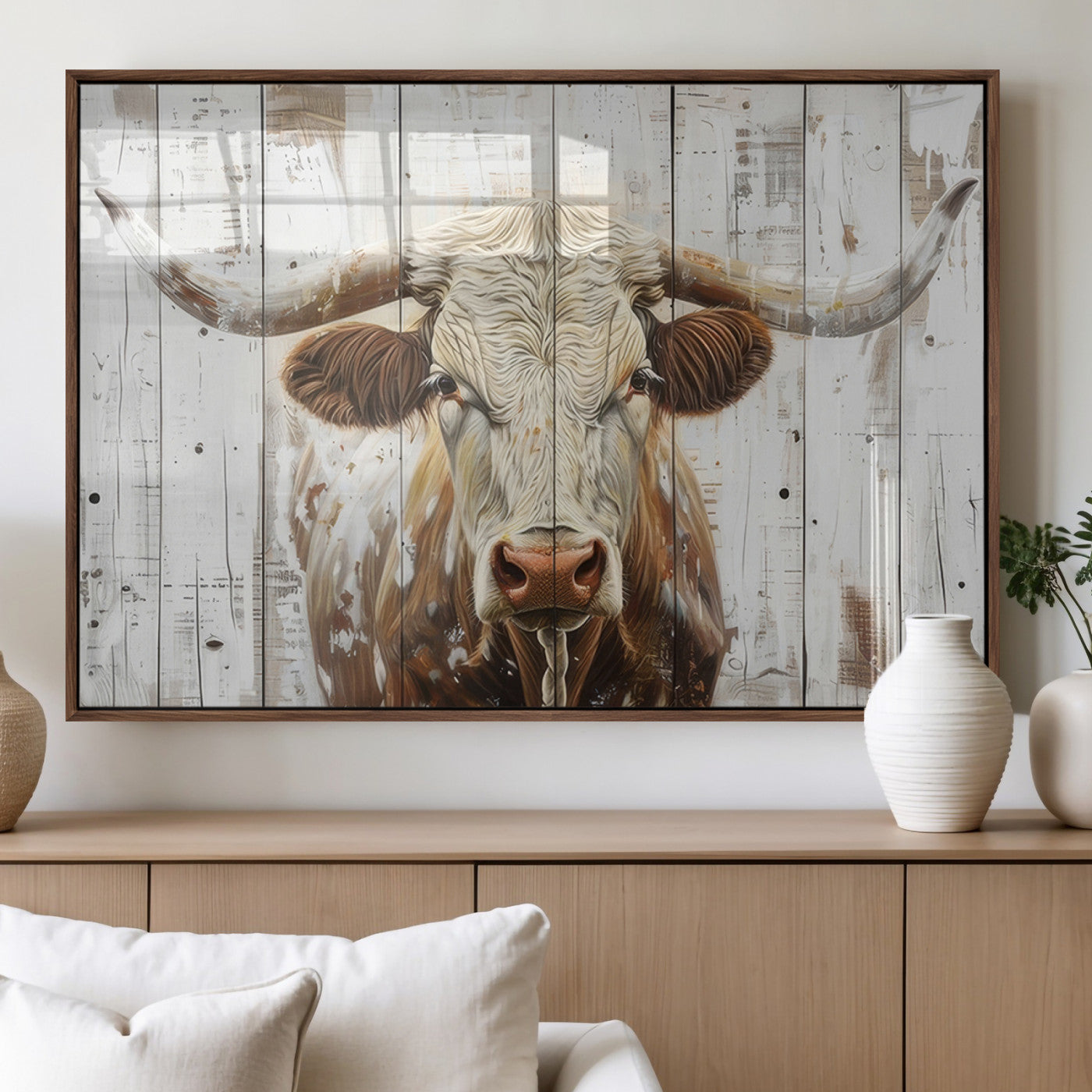 71551-MGV-FP-36X24-3P_Walnut-Rustic Longhorn Bull Wall Art Canvas Set – Western-Inspired Farmhouse Décor - Ready to Hang