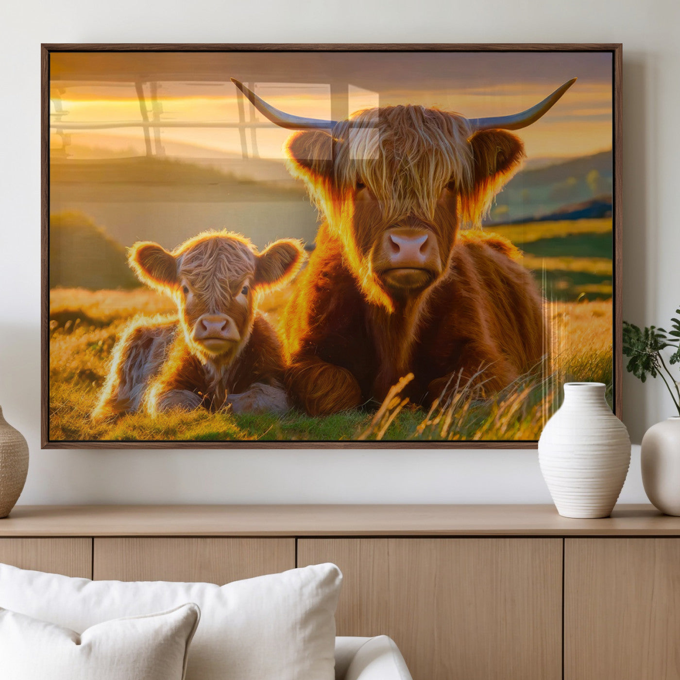 20567-MGV-FP-36X24-3P_Walnut-Scottish Cow and Baby Cow Canvas Wall Art Animal Print Fluffy Cattle Framed Farmhouse Decor