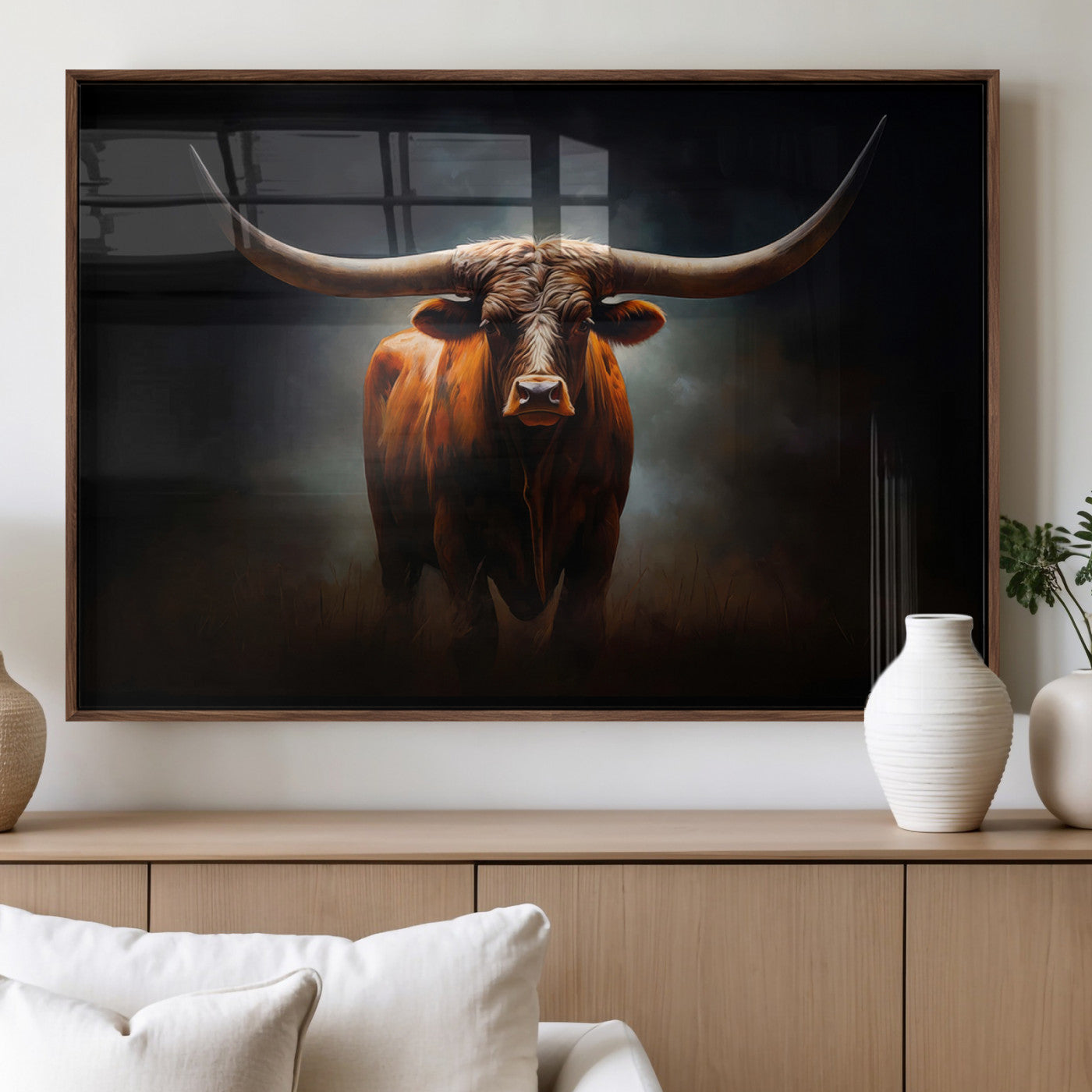 MGV-FP-36X24-3P - Abstract Texas Longhorn Wall Art Print | 3-Panel Large Texas Longhorn Canvas Print for Living Room,