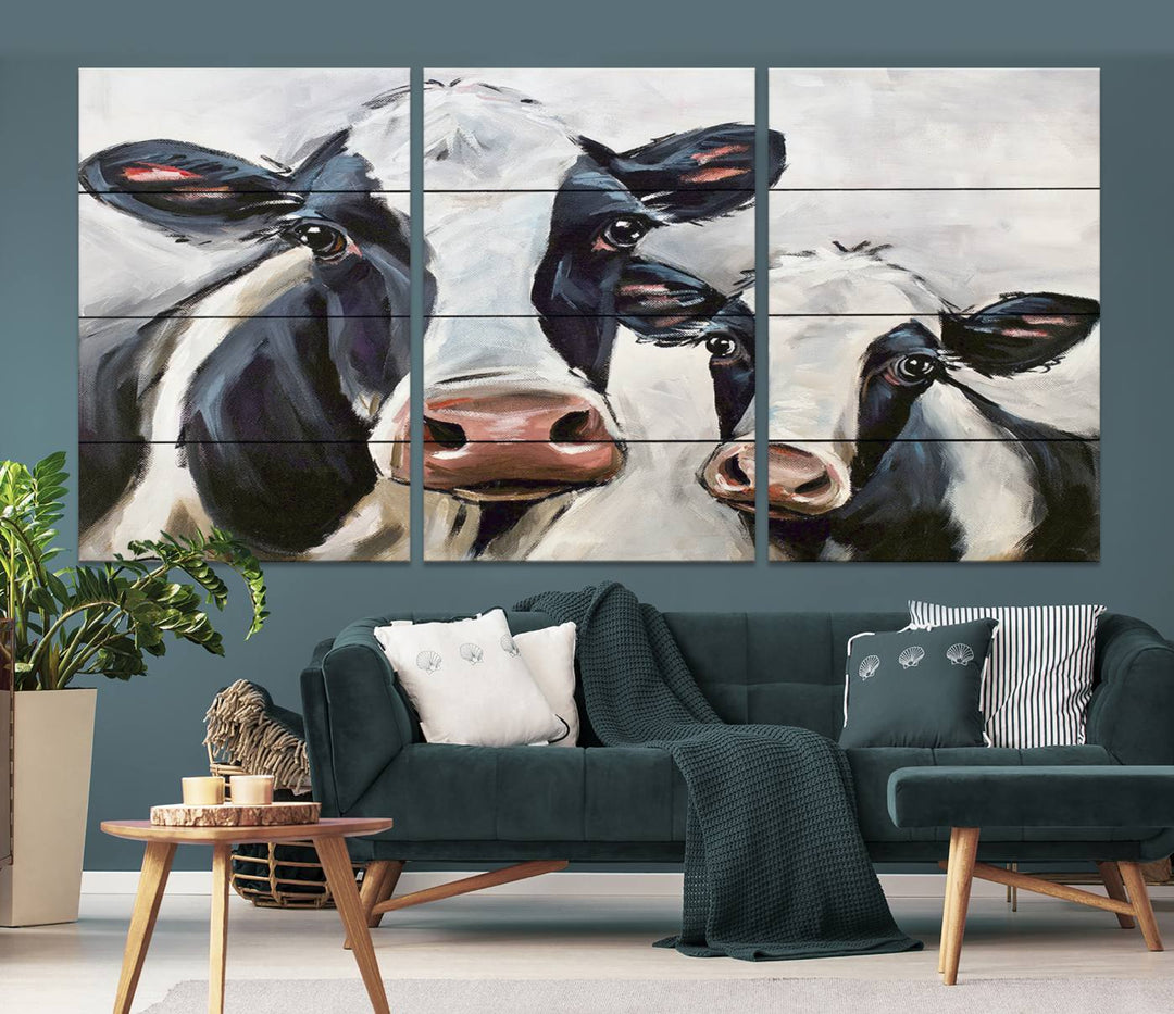 The Vintage Baby and Mom Cattle Wall Art Canvas Print is prominently displayed, adding a touch of contemporary and farmhouse decor to the modern living room.