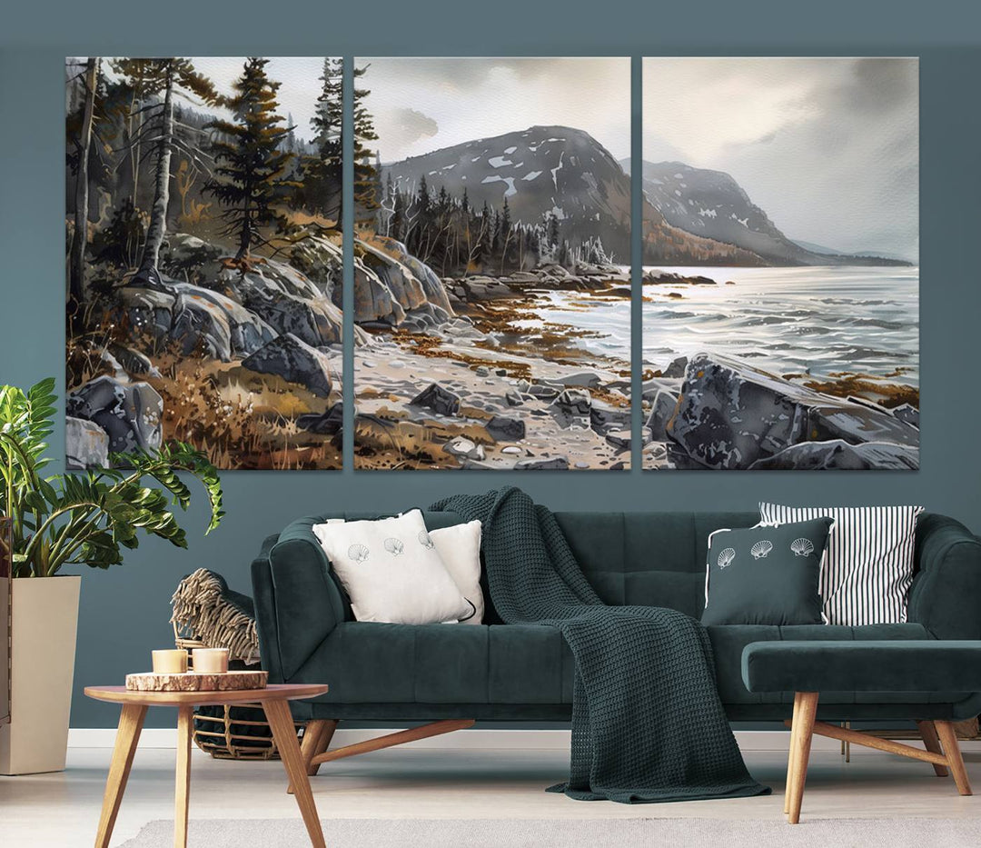 The stunning Serene Coastal View of Acadia National Park is a 3-panel wall art canvas print that beautifully captures a tranquil mountain and lake scene.