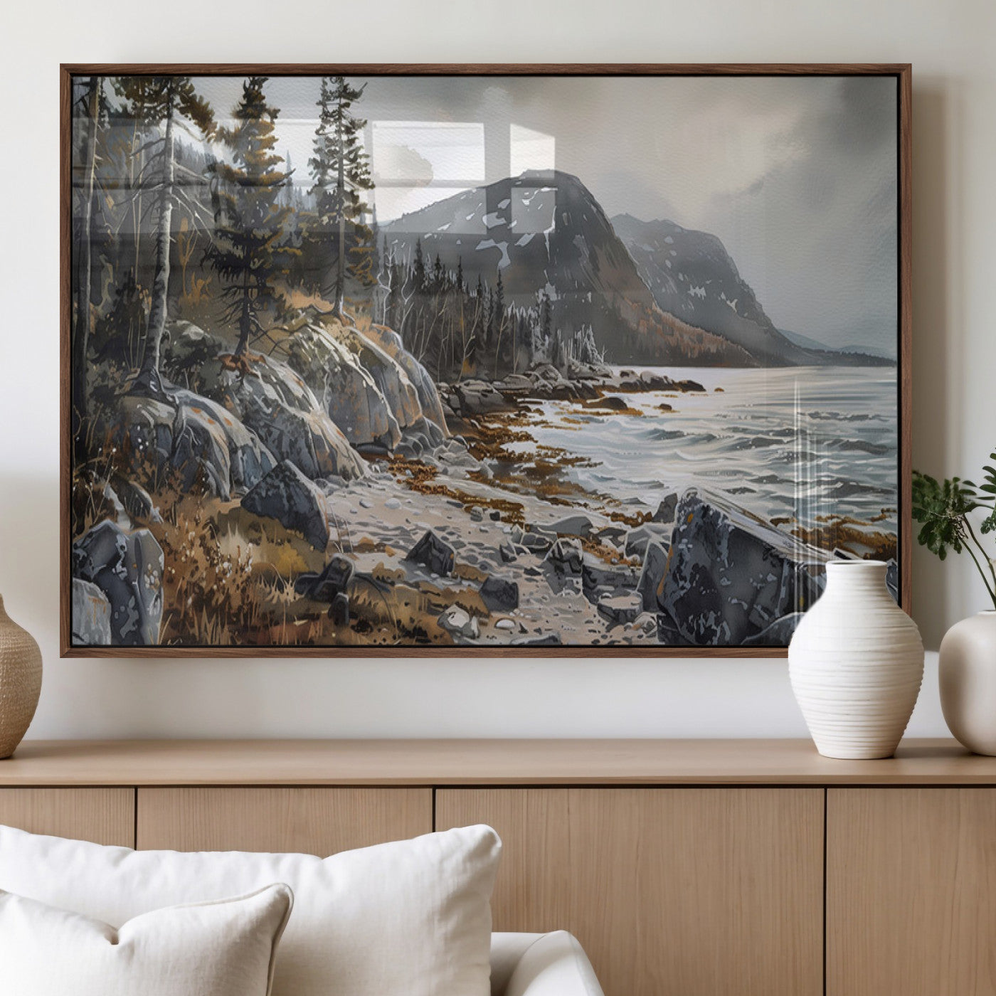 41281-MGV-FP-36X24-3P_Walnut-Serene Coastal View of Acadia National Park - Stunning 3-Panel Wall Art Canvas Print, Framed, Ready